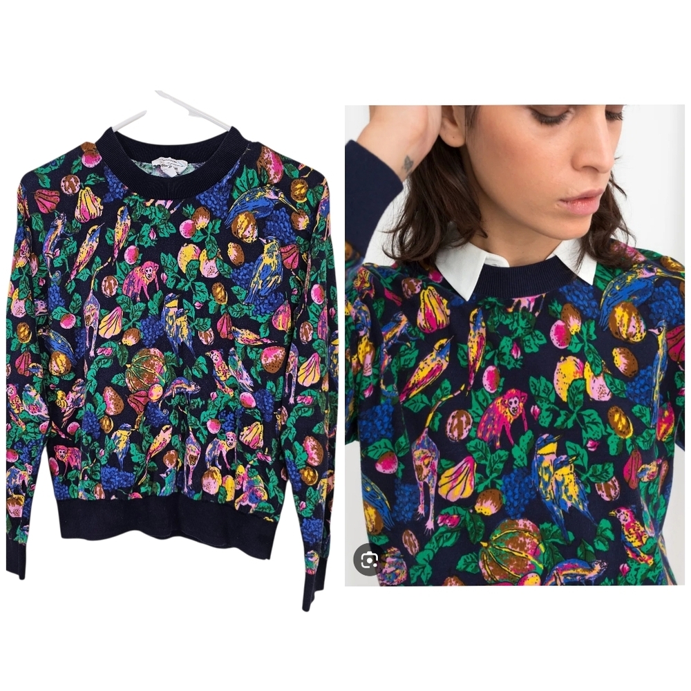 & Other Stories Jungle Print Tropical Monkey Bird Sweater Novelty Print